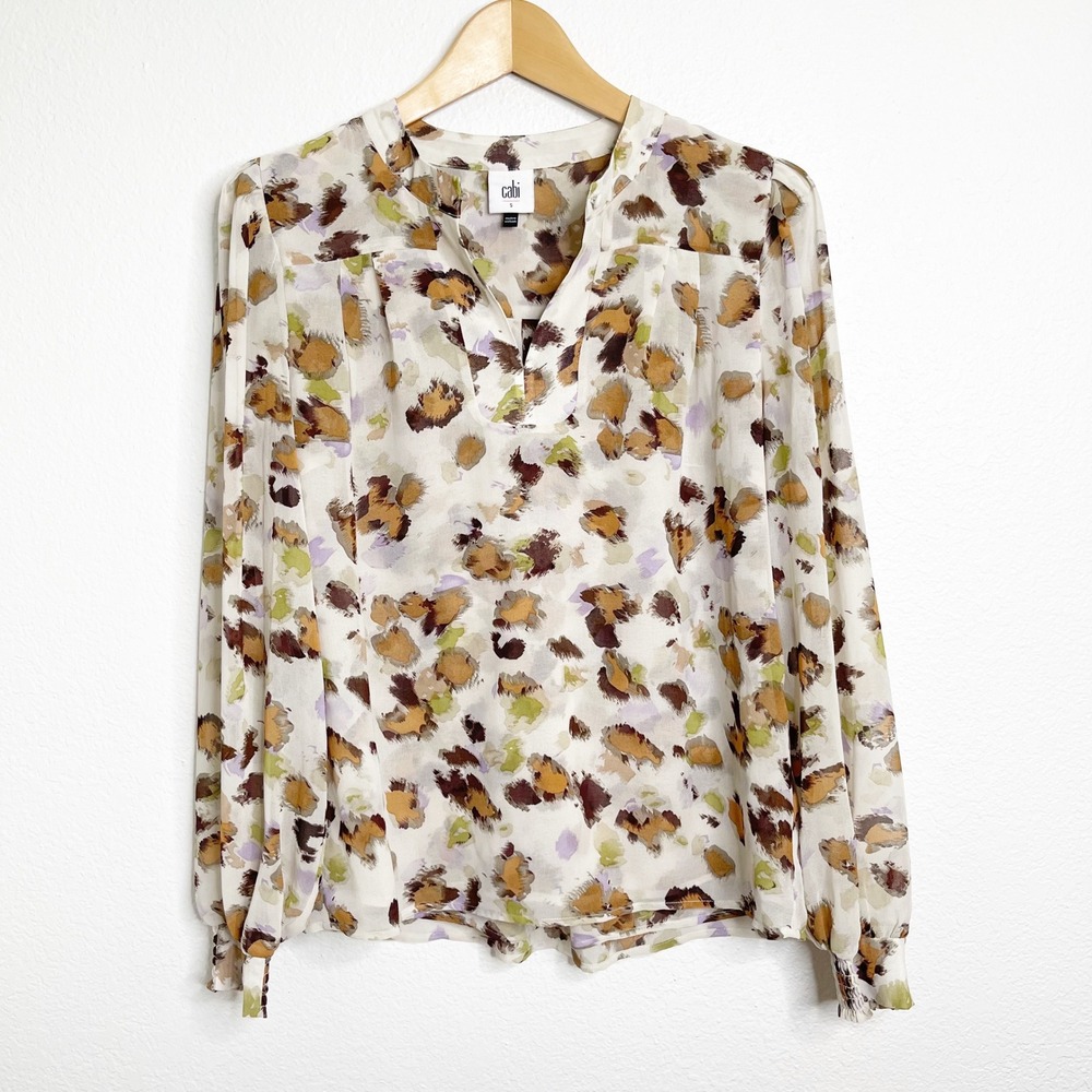Cabi Women Small Abstract Animal Print Split Neck Blouse Brown Tan Olive 4820
